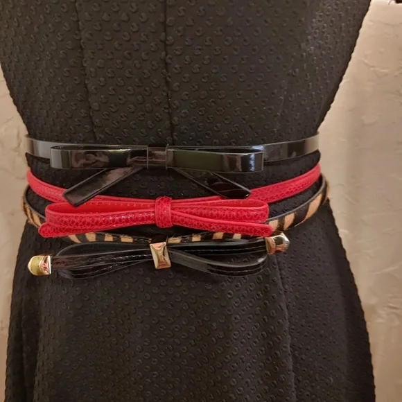 White House Black Market 3 Thin Textured Waist Belts Bows Black Red Animal Print - Picture 16 of 16